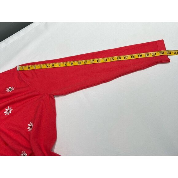 Liv Milano Coral Pink Cardigan Sweater Size M V Neck Flower Embellished Soft - Picture 10 of 13